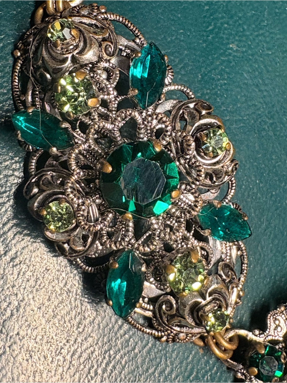 Antique Emerald Green Peridot Crystal Floral Filigree Bracelet  Made in Germany